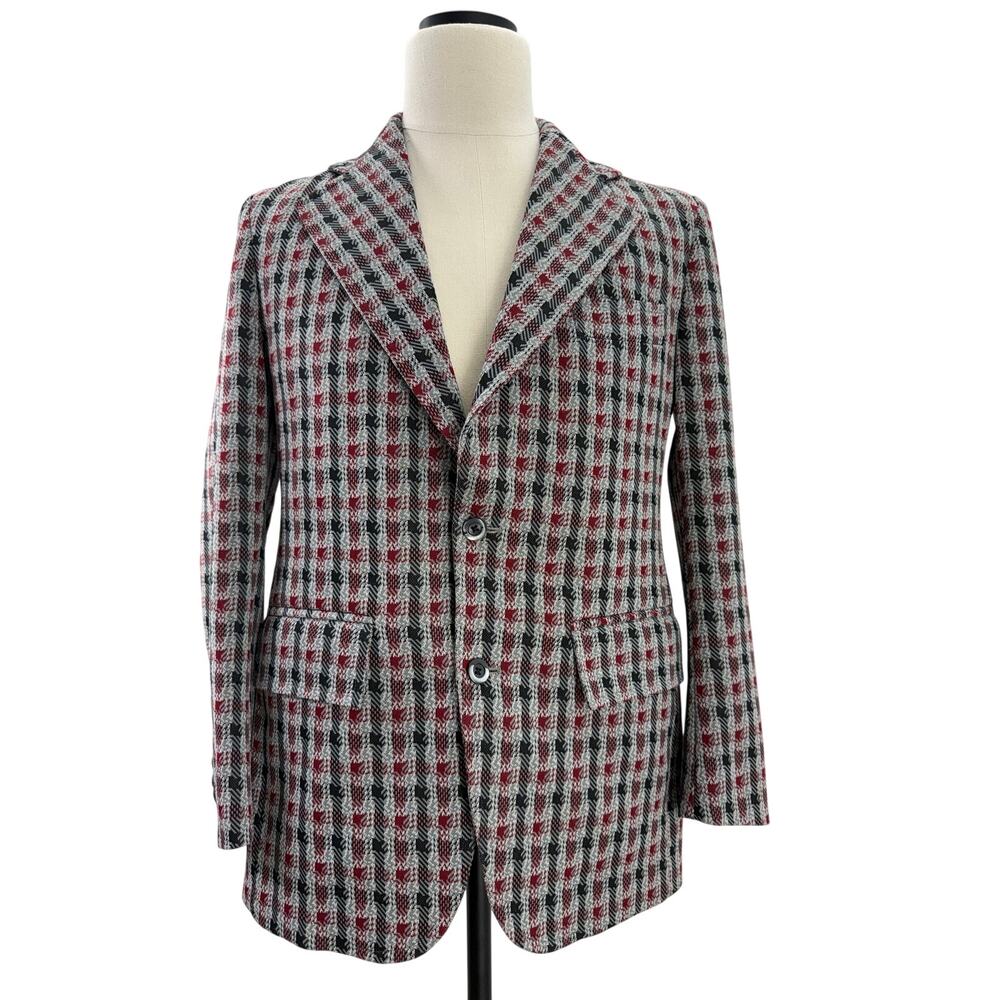 Vintage 70s Men's 38R Plaid Polyester Sport Coat Blazer Red Gray